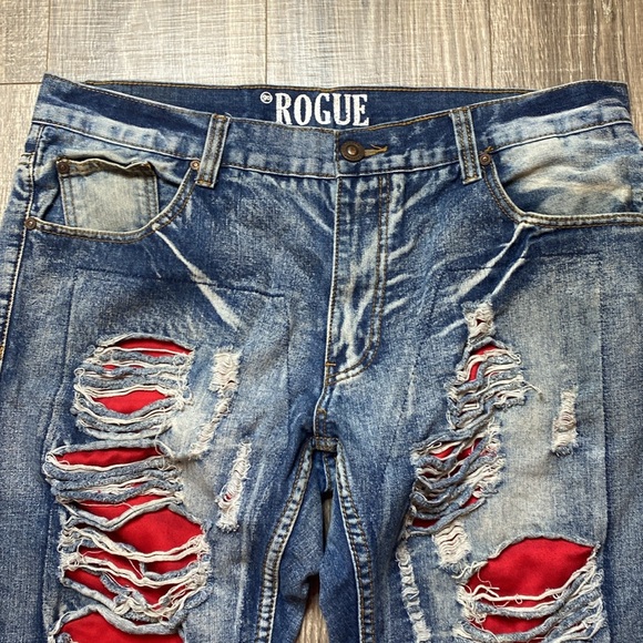 Rogue Vintage distressed street ripped blue red jeans, size 38 x 33 - Picture 2 of 11